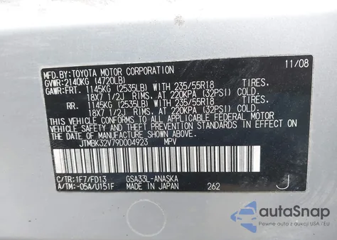 2009 Toyota Rav4 Sport V6 из США, поврежденный, VIN JTMBK32V79D004923